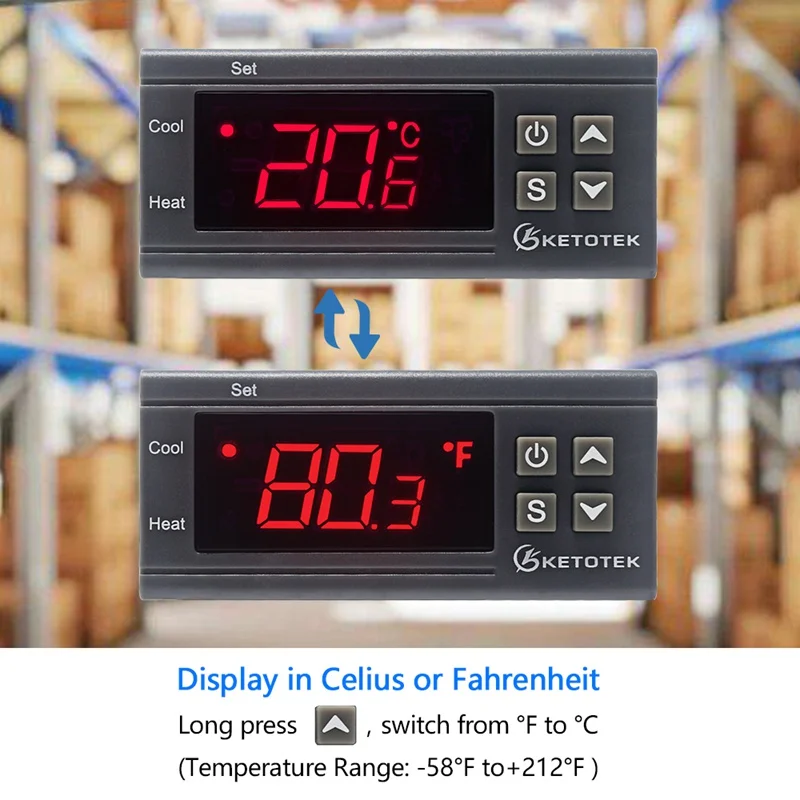Imagem -03 - Termorregulador Digital Kt1000 Termostato Controle de Temperatura 12v 24v 220v para Incubadora com Aquecedor e Refrigerador com Tela c & f