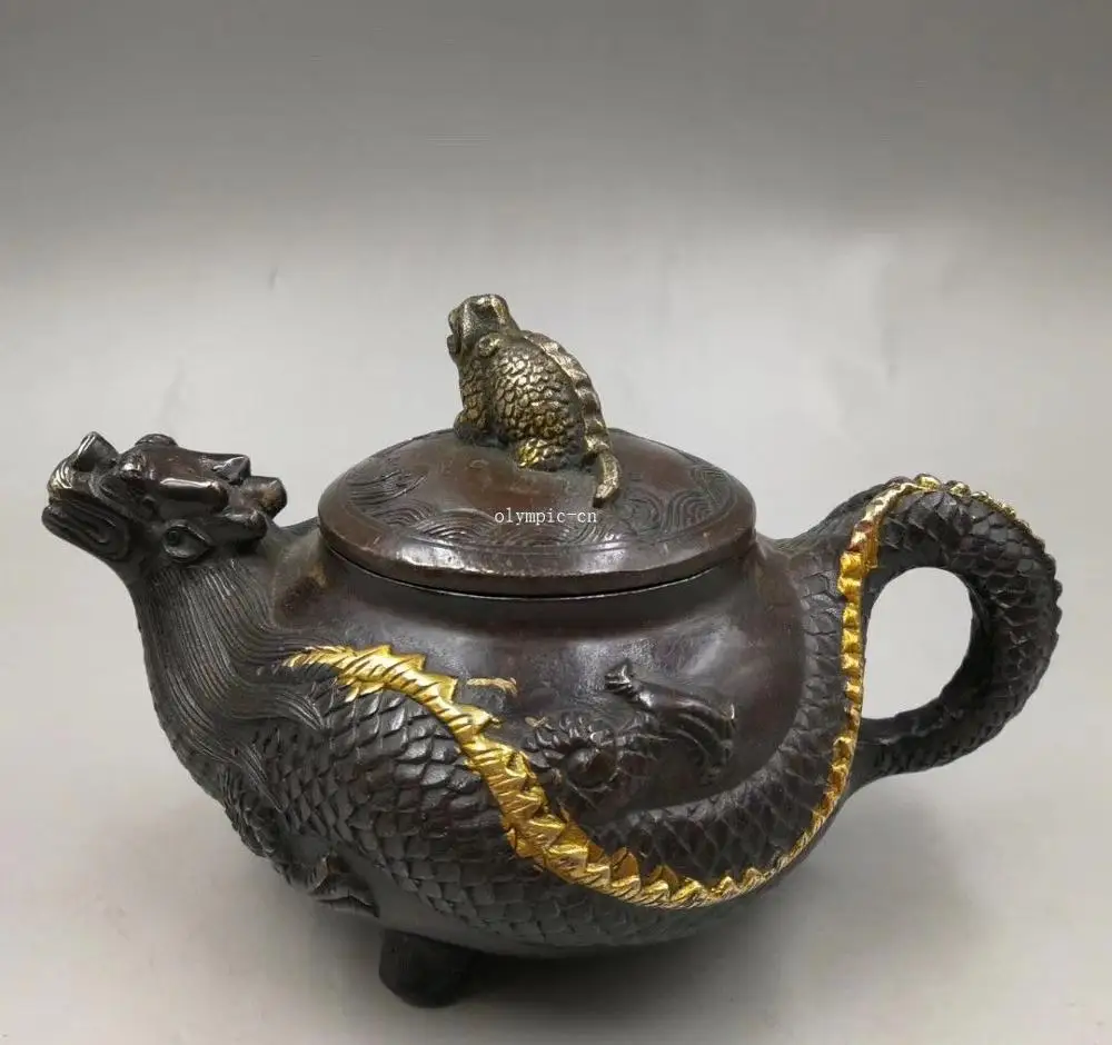 Old copper bronze carved dragon dragon turtle bottle cup jar teapot pot