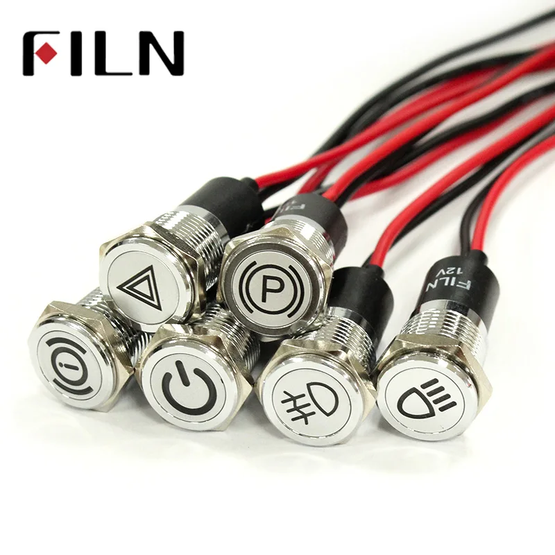 FILN 14mm panel hole car applicancance led red yellow white blue green 6v 24v 110v 220v mini led indicator light with 20cm cable