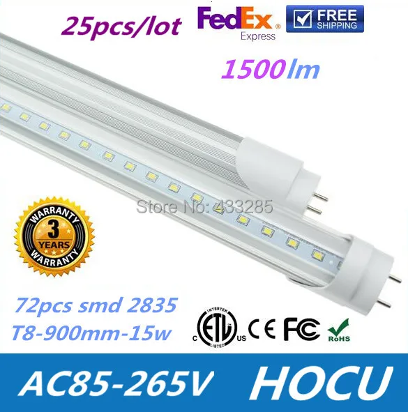 

Wholesale - Promotions! Free Fedex Shipping T8 LED Tube Light SMD 2835 900mm 3 feet 15W Pure White 1500lm CE RoHS Approved