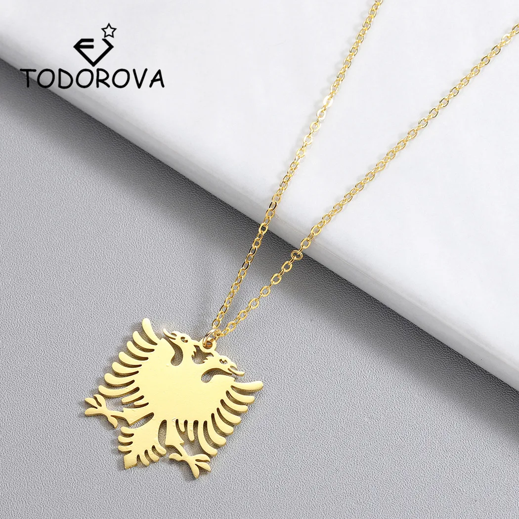 Todorova Albania Eagle Pendant Necklace Coat of Arms Double Headed Eagle Necklace Ethnic Stainless Steel Gifts for Women Men