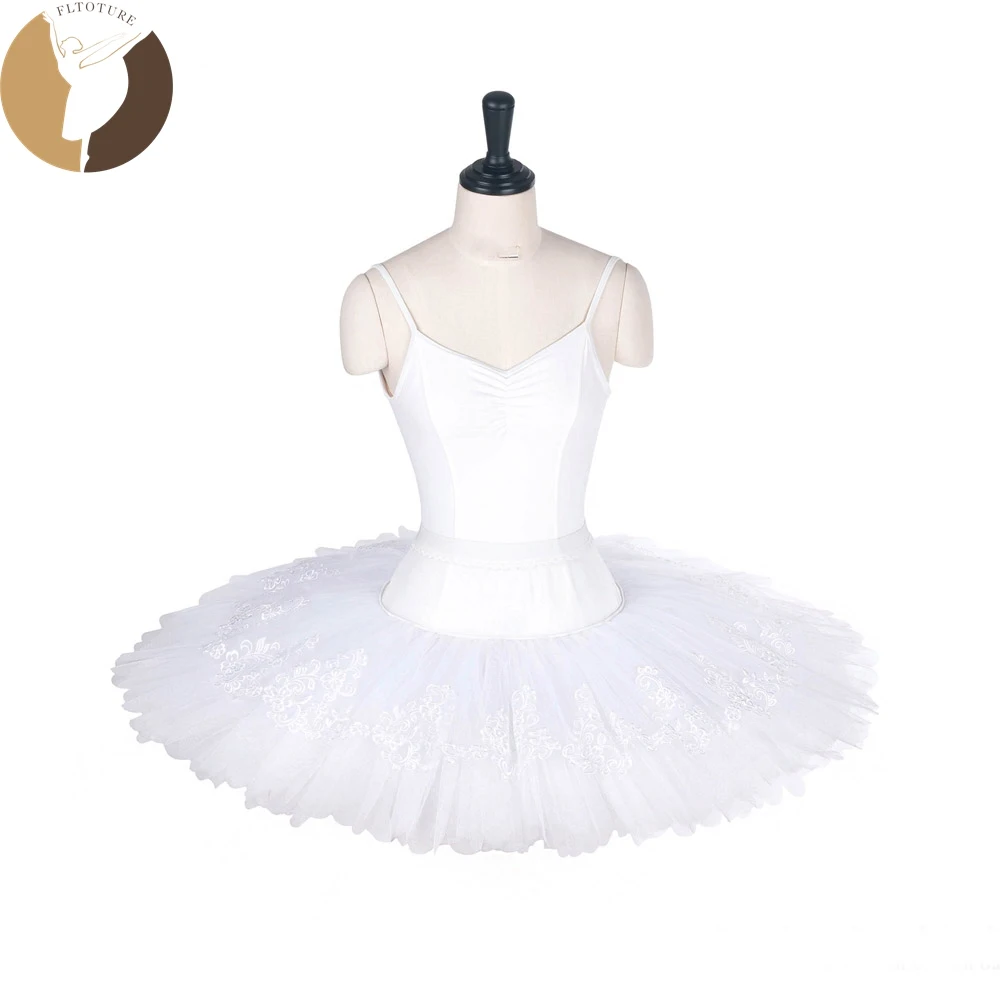 

FLTOTURE LL2002 Girls Practice Half Tutu Skirt White Half Tutus With Lace Decoration 7 Layers Half Skirts For Ballet Competition