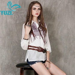 Women Blouses 2017 Yuzi.may Boho New Cotton Silk Blusas Long Sleeve Turn-down Collar Embroidery Shirts Feminina B9127 Loose Tops