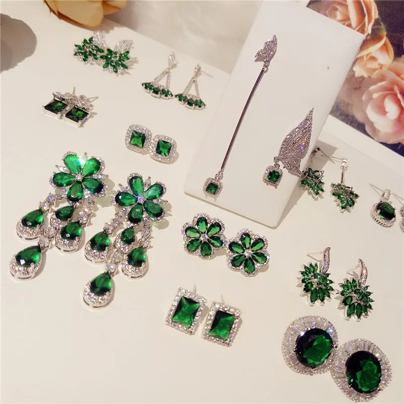 Created Emerald Drop Earrings For Women S925 Sterling Tassels Flower Ear Studs Vintage Temperament Anti Allergy Fine Jewelry