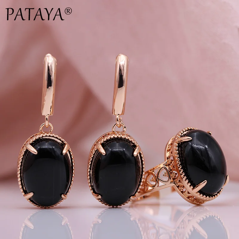 PATAYA New Moonstone Natural Stone Sets Women Wedding Hollow Fine Fashion Jewelry Set 585 Rose Gold Color Long Earrings Rings