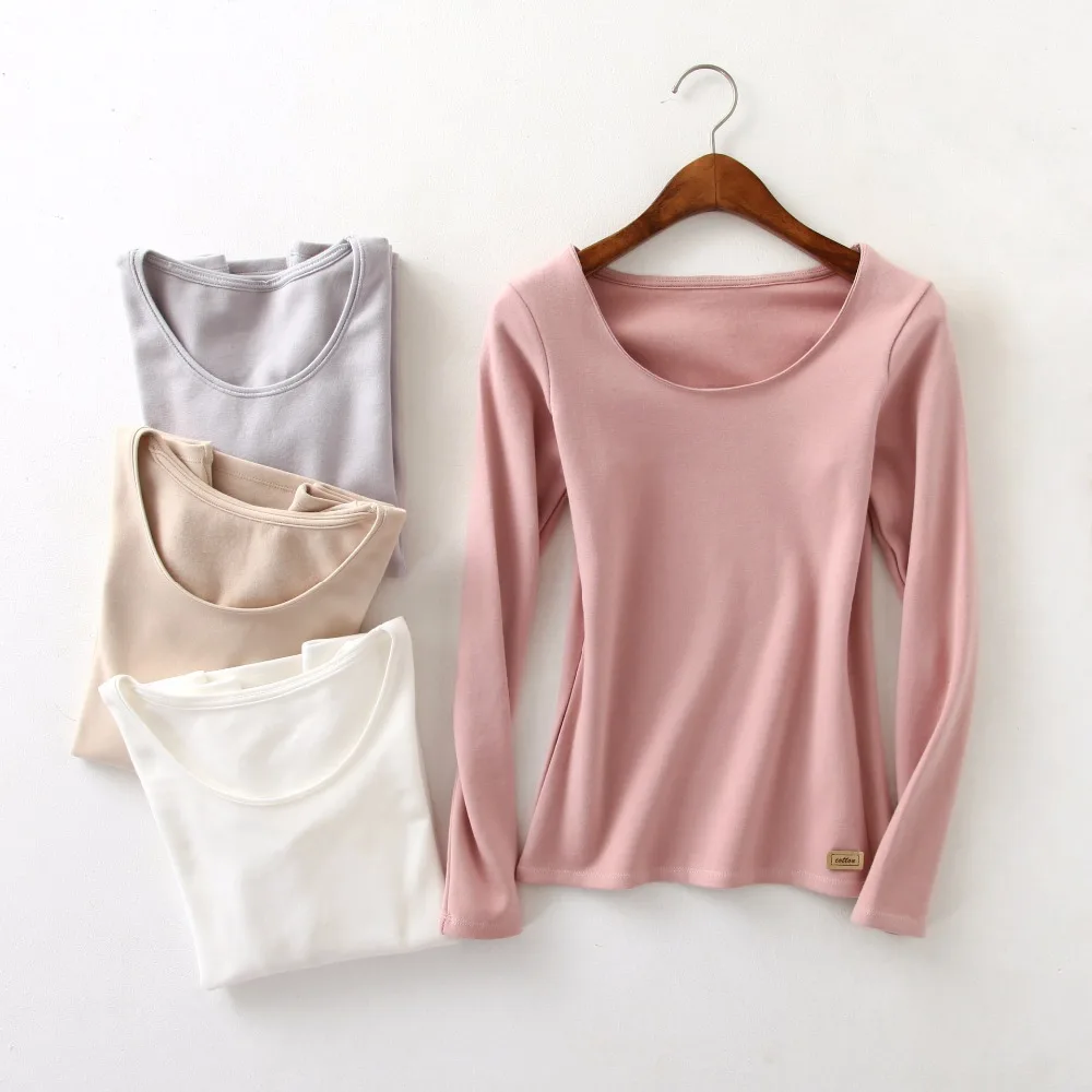 Basic Sturdy T Shirt Women Long Sleeve Cotton Tee Shirts Scoop Neck Top M-2XL