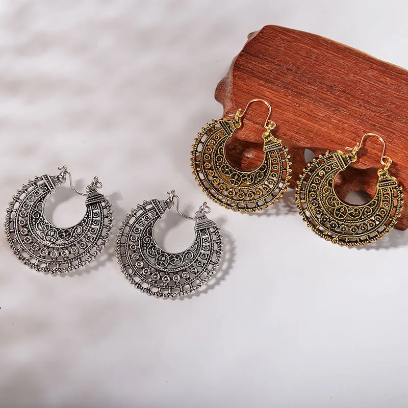 Bohemia Ethnic Design Semicircle Vintage Pattern Bronze Ancient Silver Plated Drop Earrings Dangle Earrings For Women