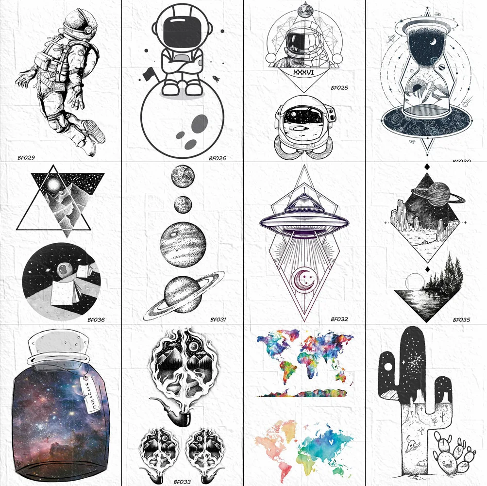 

VANKIRS 3D Geometric Interstellar Tattoos Temporary Men Arm Space Man Planet Black Tatoos Fake Women Galaxy Spaceship Tattoo