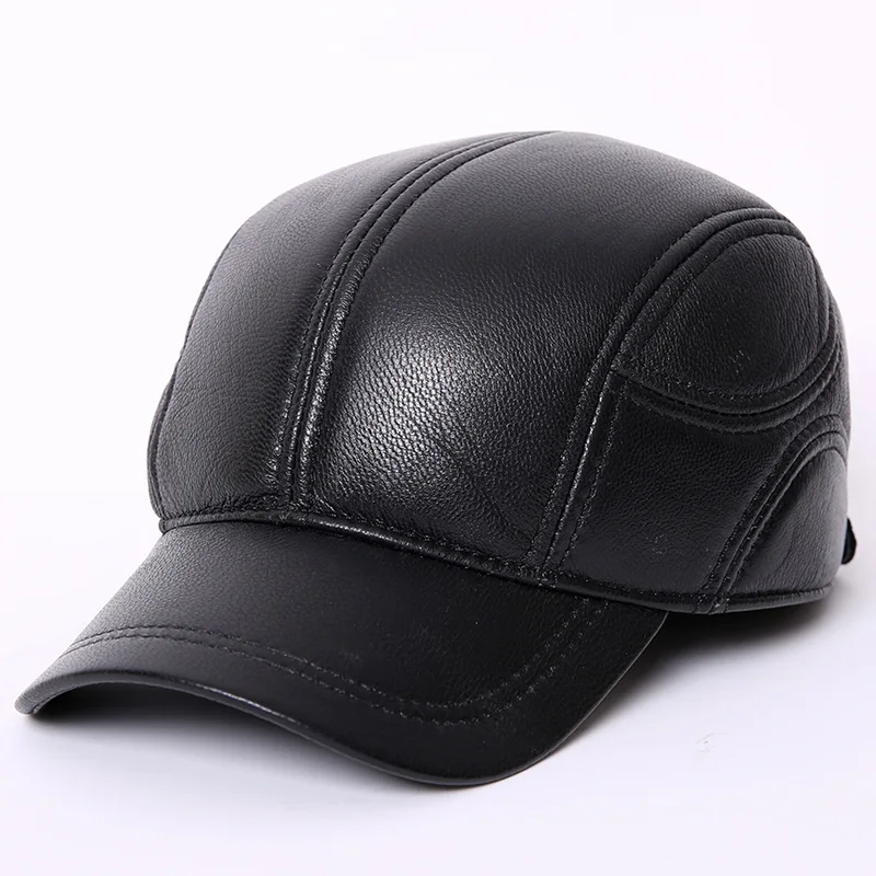 

Genuine Leather Baseball Cap Cowhide Leather Hat Mens Fashion Masculino Outdoor Baseball Cap Male Winter Earmuffs Hat B-7259