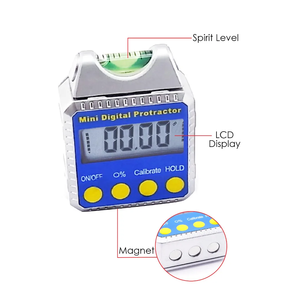 Digital Bevel Box / Inclinometer / Protractor 4 x 90 degree Range with Spirit Level Built-in Magnetic Base & Always Upright LCD