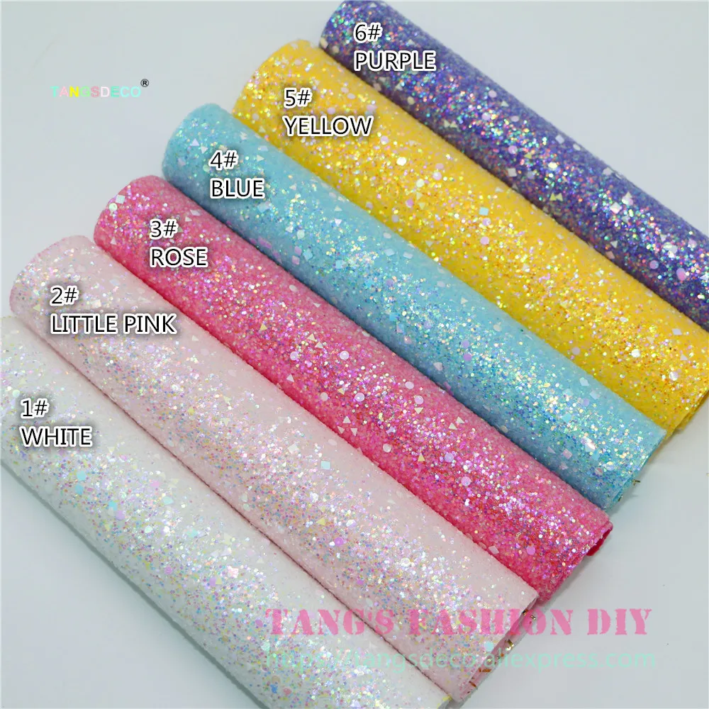 6pcs--20x22cm DIY Hair Bow Material Candy Color Chunky Glitter PU Synthetic Faux Leather