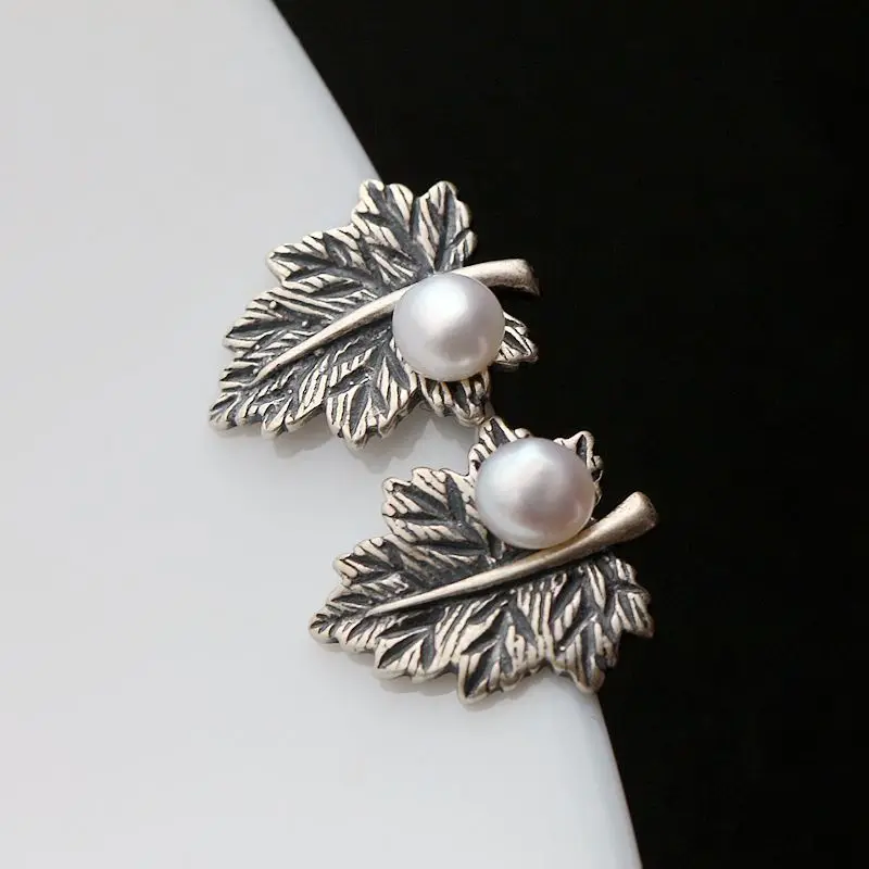 

Ecoworld Ge jewelry wholesale retro leaves Thailand Tremella nail hand set natural pearls 925 Sterling Silver Earring
