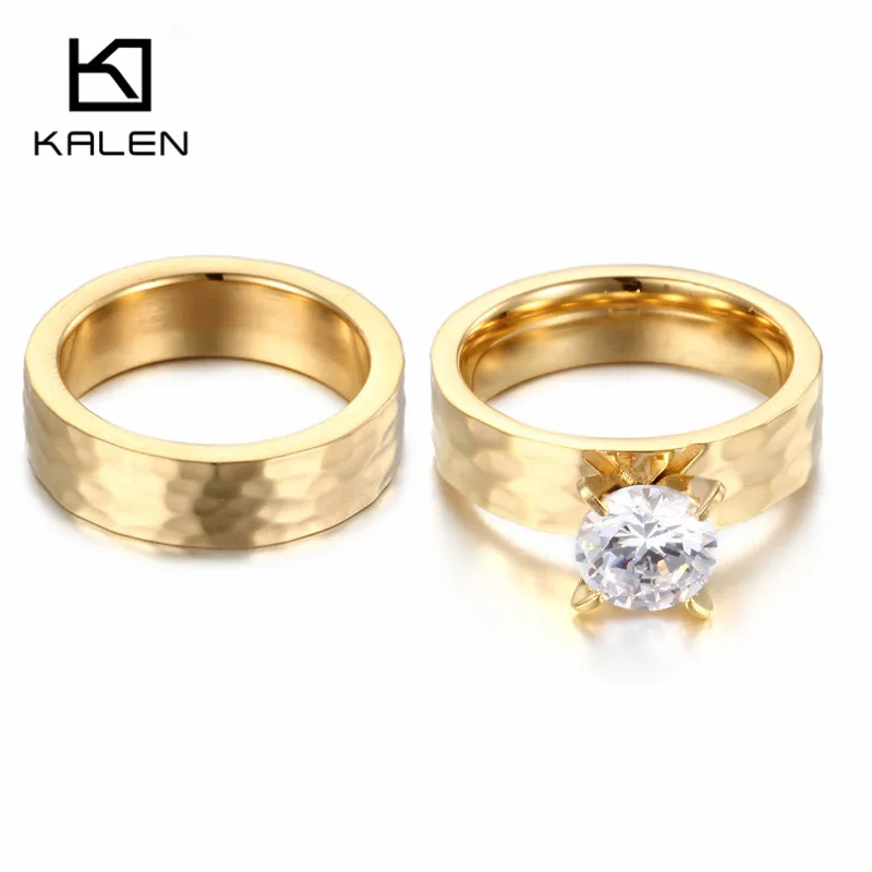 Kalen New Couple Rings Stainless Steel Gold Color Color Lover Rings Rhinestone Flower Finger Rings For Wedding Engagement Party