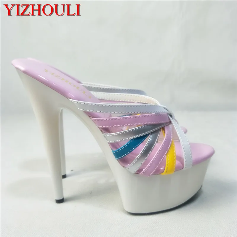 Multicolor uppers in summer, 6 inch sexy model sandals with high heels, 15CM stiletto club slippers