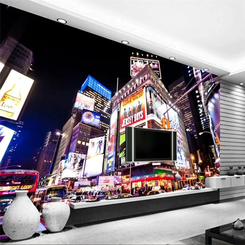 beibehang Custom wallpaper 3d mural city night view classic black and white background wall Times Square street night wallpaper