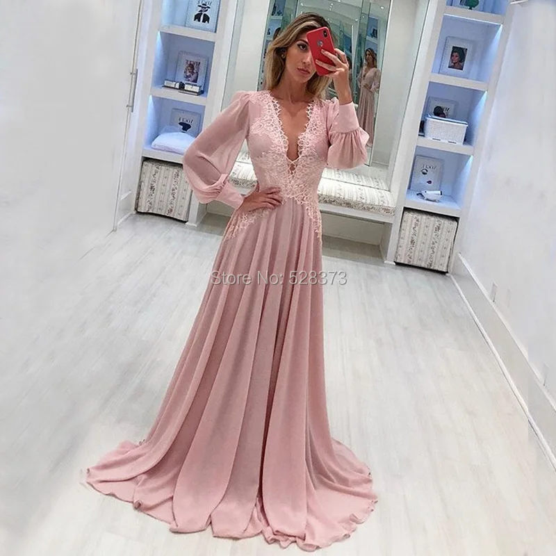 YNQNFS MD85 Elegant Party Dress Chiffon V Neck Long Sleeves Mother of the Bride/Groom Dresses Formal Gowns Real Pictures 2018