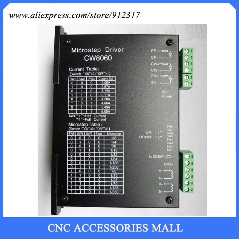 Driver Cw8060 para Motor de Passo 80vdc 6a 256 para Roteador Cnc Motor de Passo Nema23 34