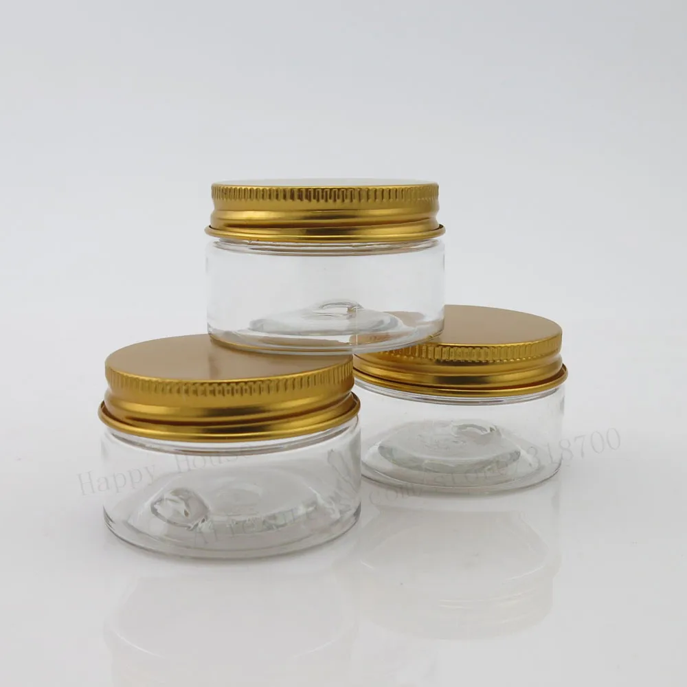 

60pcs/lot 30g Portable Empty PET plastic jars with aluminum gold lids 1oz Clear pots cosmetic Container