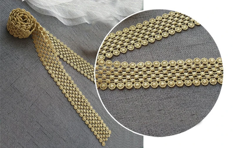 Gold Embroidered Gold Braid Lace Trimming Ribbon Trim, Wedding Applique, DIY Craft, 5Yard