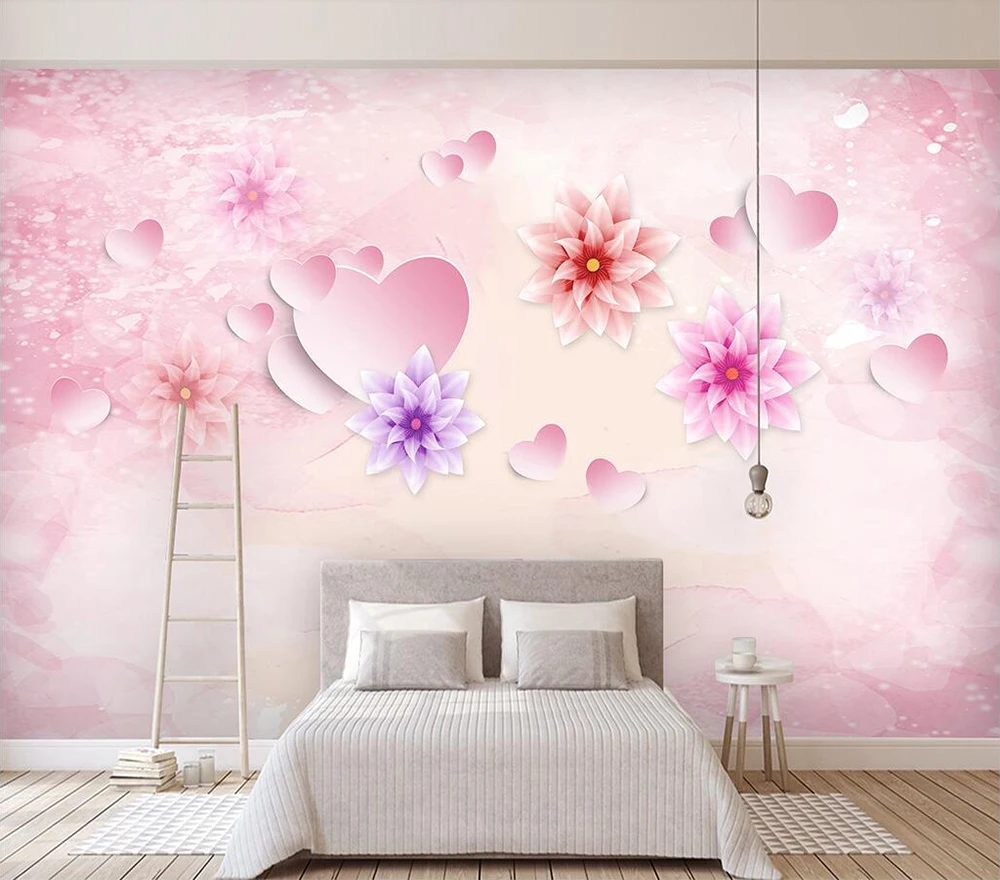 

Decorative wallpaper Romantic flower pink heart wedding room background wall painting