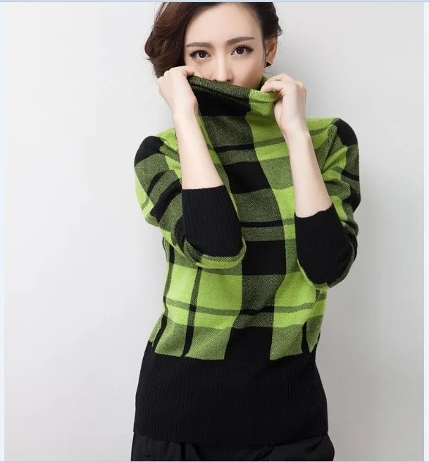 High Quality Winter Women's Turtleneck Plaid Sweater Ladies  Fashion Striped High Collar Thick Warm Sweaters Pullovers