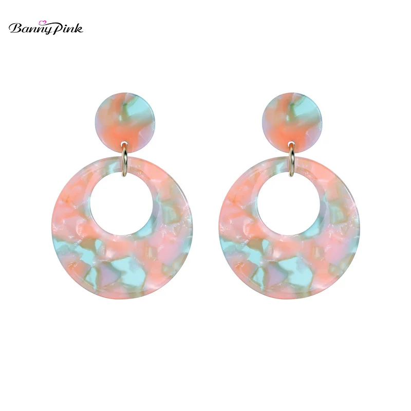 Banny Pink Bohemia Tortoiseshell Earrings For Women Sweet Pink Color Acetic Arc Geometric Round Circle Statement Stud Earrings