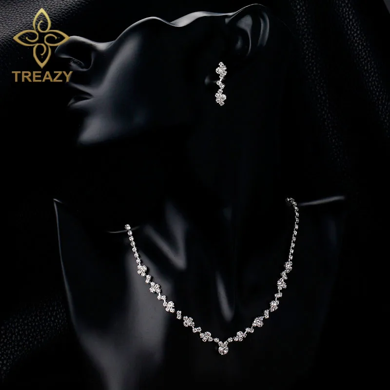 TREAZY New Silver Plated Rhinestone Crystal Choker Necklace Earrings Set Wedding Bridal Bridesmaid African Jewelry Sets