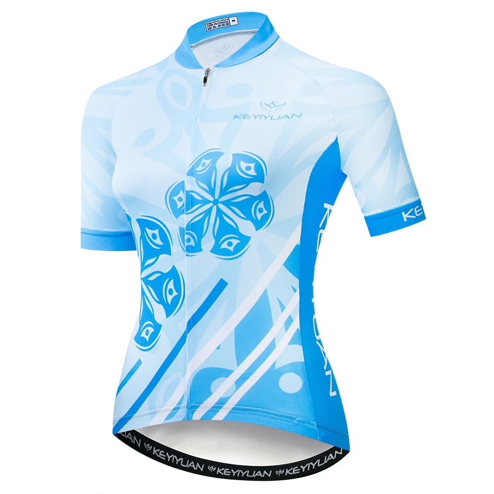 2019 Keyiyuan Spring and Summer New Road Cycling Equipment Quick Dry Perspiration Women's Blue and White Short Sleeve Top