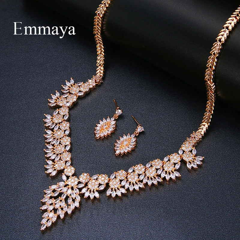 Emmaya Brand Sparkling Cubic Zirconia Crystal Zircon Flower Necklace and Earring Wedding Bridal Jewelry Sets Gift