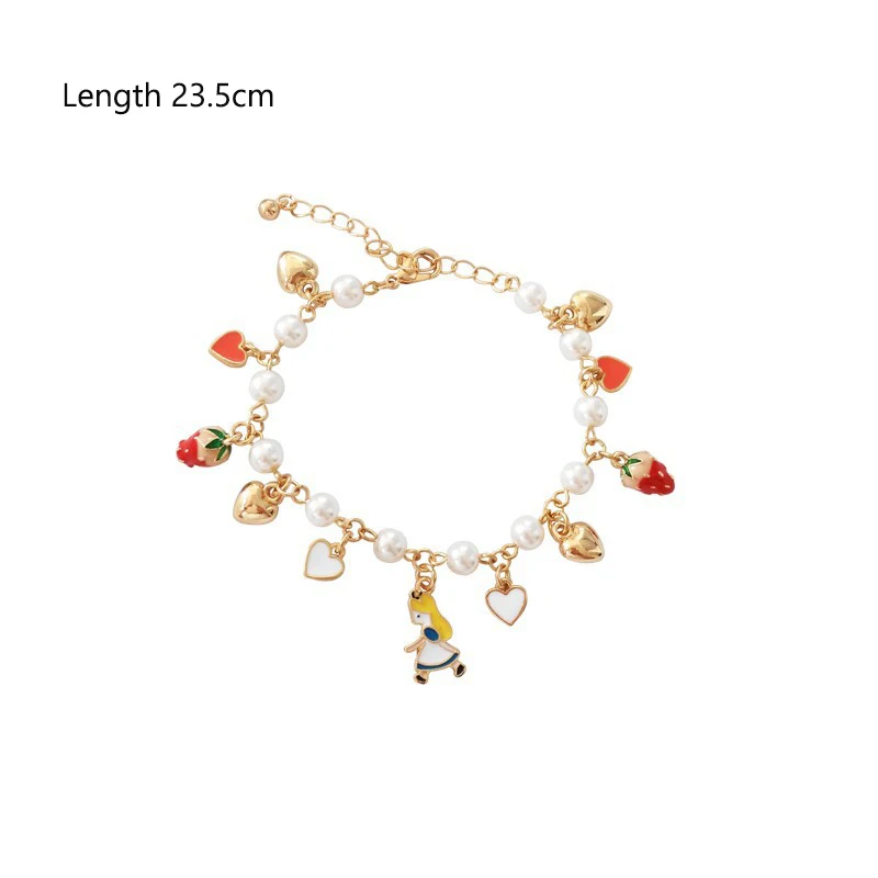 Kids Girls Gift Gold Color Heart Imatation Pearl Poker Strawberry Charms Alice in Wonderland Bracelet