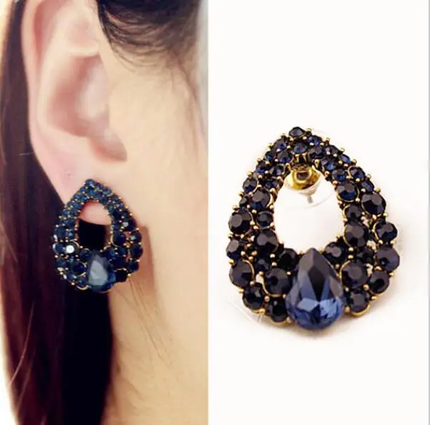 Luxury vintage Blue Crystal Oval Stud Earrings For Women Natural Stone Fashion Big Earrings  Piercing Jewelry Bijoux