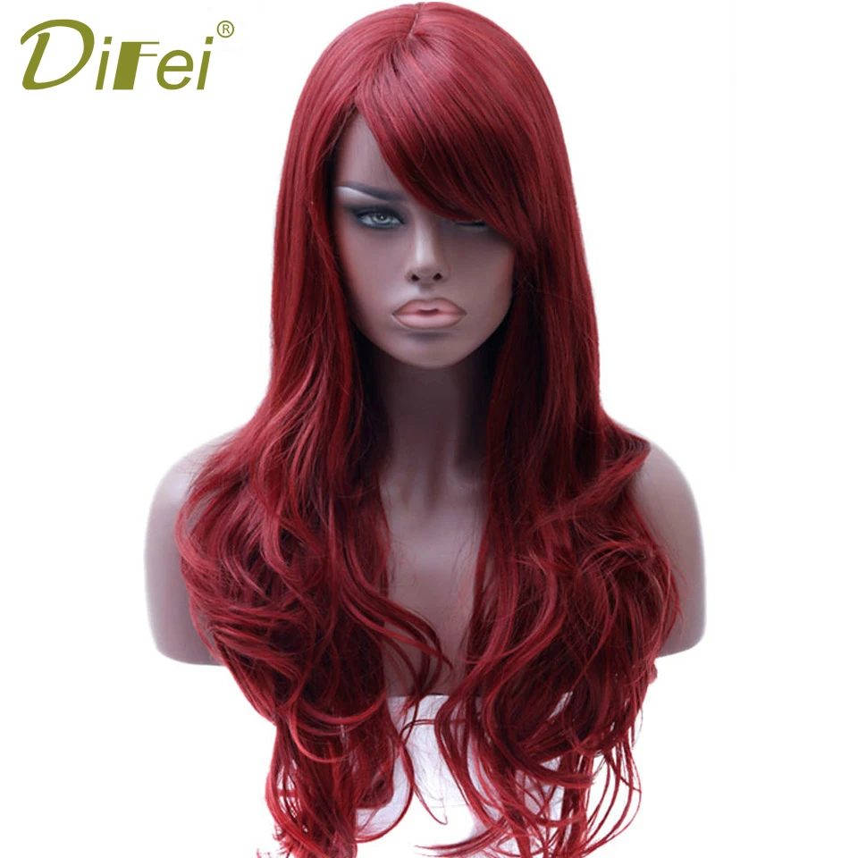 DIFEI Long  Red Wig Wavy synthetic Wigs for Black Women Side Part Heat Resistant Wig Red Cosplay Wig