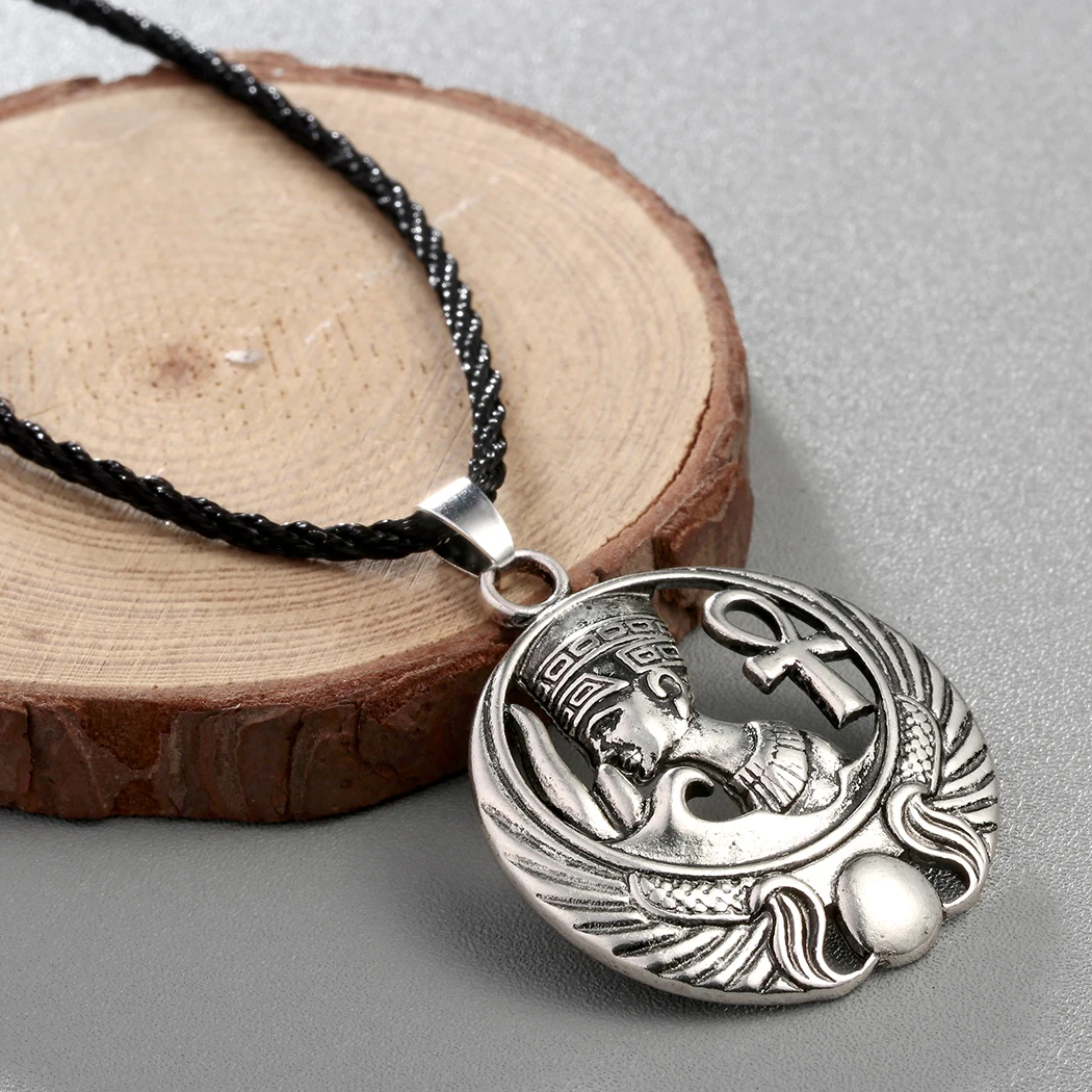 Cxwind Ancient Egyptian Queen Necklace Pendant Vintage Color Egypt Nefertiti Head Portrait Ankh Cross Wing Necklaces Jewelry