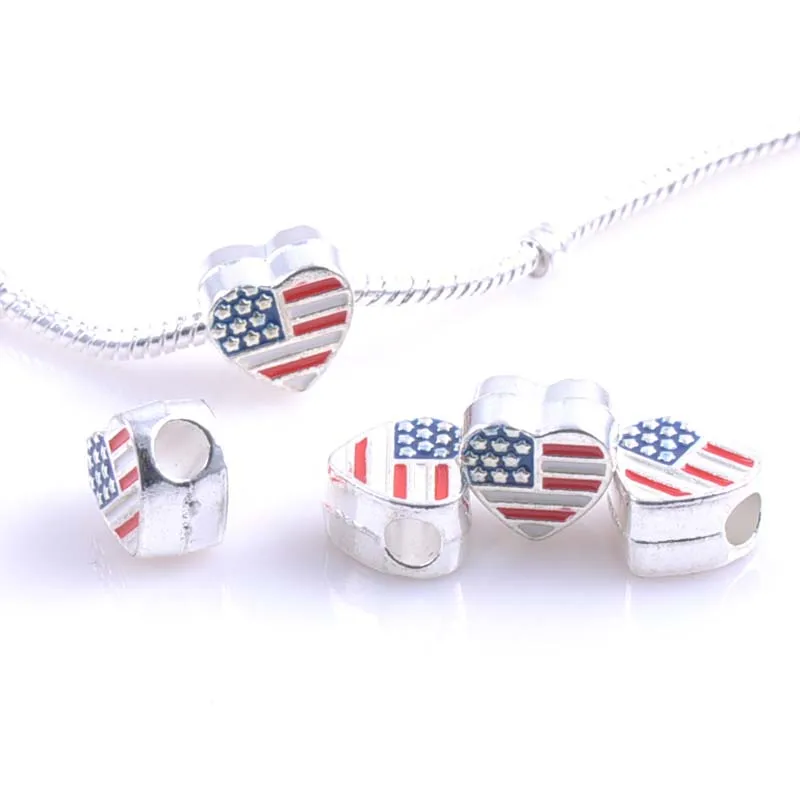 13x12MM 10 Pcs Silver Plated US flag Spacers Beads Fit  Charms Bracelets Jewelry Handmade DIY DK-050