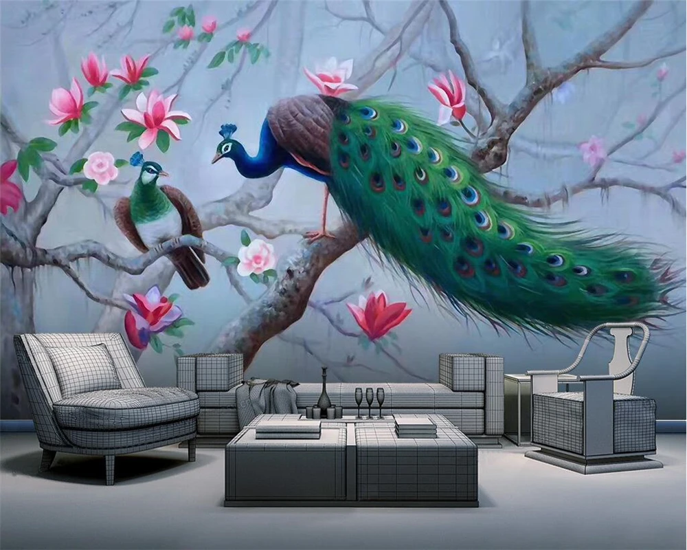 

Beibehang Custom wallpaper Chinese style hand-painted magnolia flower peacock background bedroom living room mural 3d wallpaper