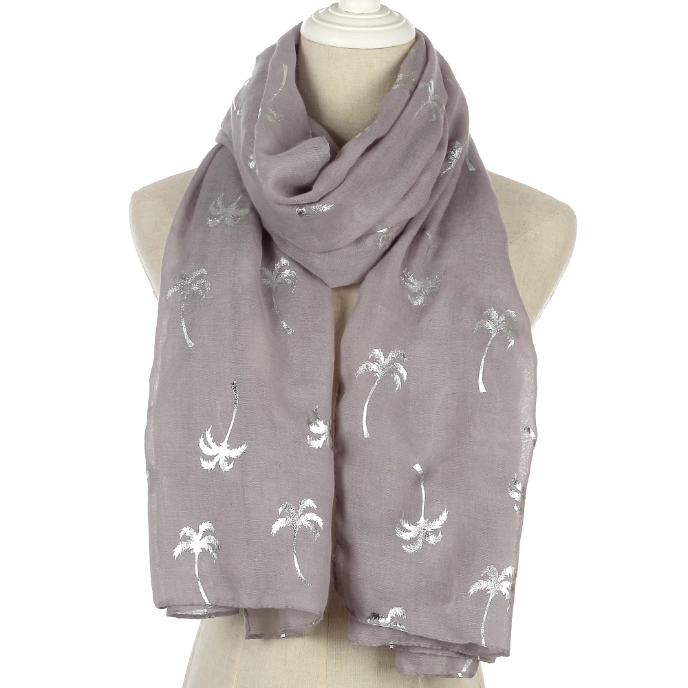 FOXMOTHER  New Spring Summer White Grey Navy Coconut Tree Shiny Silver Foil Scarf Glitter For Womens