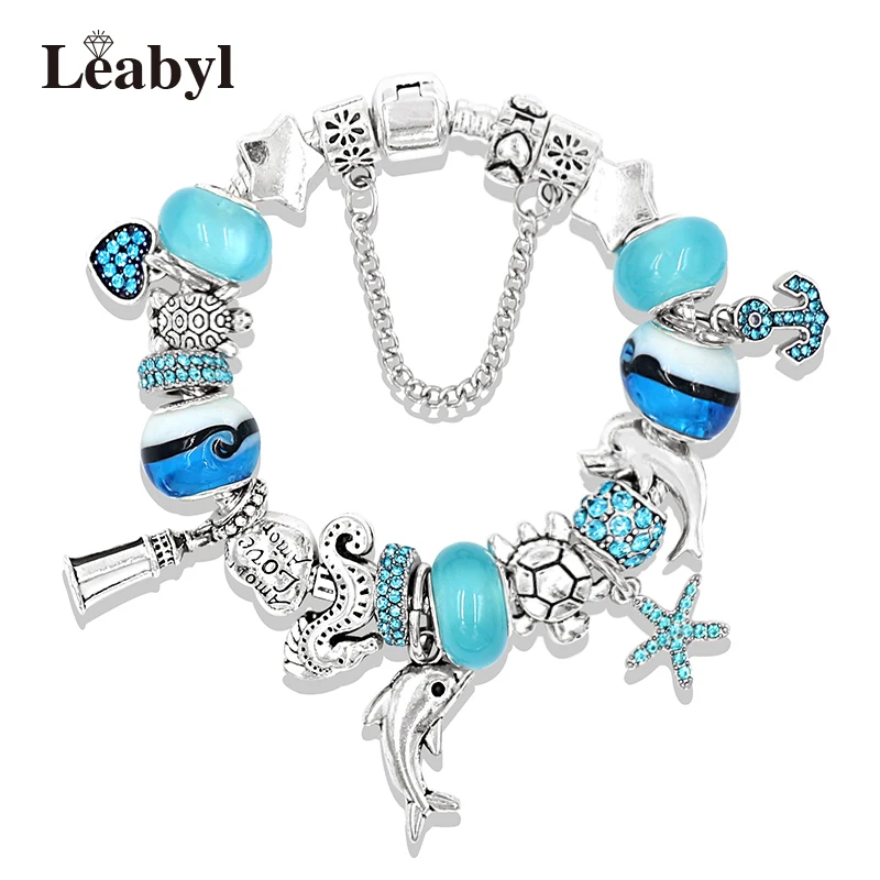 Classic Design Dolphin Charm Bracelets & Bangles for Women Jewelry Gift Blue Murano Crystal Glass Diy Bead Bracelets