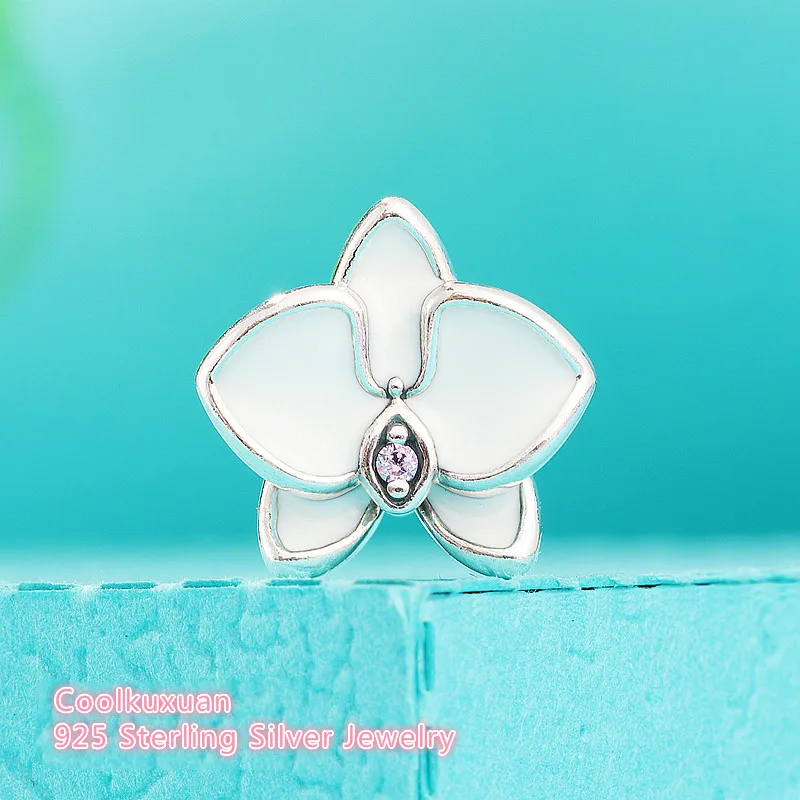 

Summer White Enamel Orchid Charms Bead Fit Pandora Bracelets Silver 925 Original CZ Flower Beads For Jewelry Making