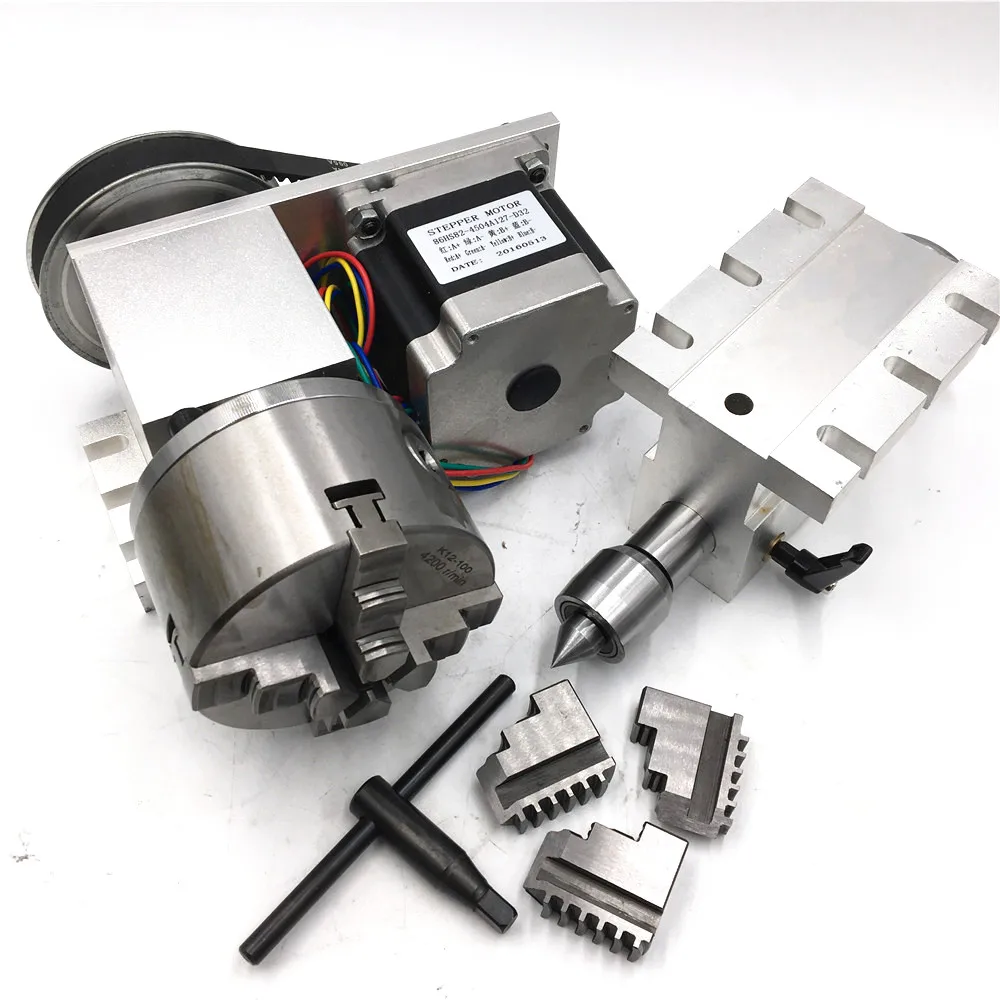 MT2 Morse taper NO.2 Tailstock Rotary 4th Axis Nema34 Stepper Motor 4-Jaw 100mm Lathe Chuck Rotational A Axis for CNC Router