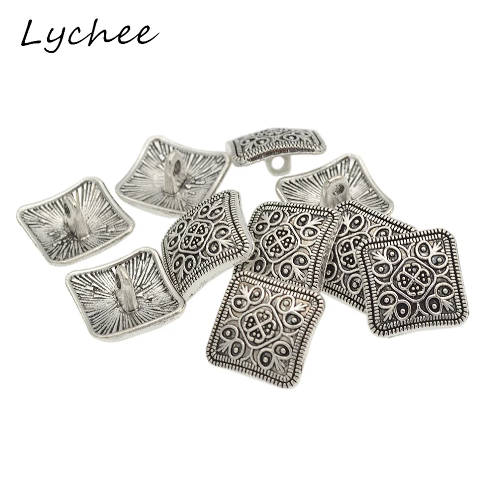 Lychee 10 pcs Geometrica Piazza Argento Antico Fiore Con Gambo In Metallo Per I Vestiti Jeans Cucito FAI DA TE Artigianato Decorativi