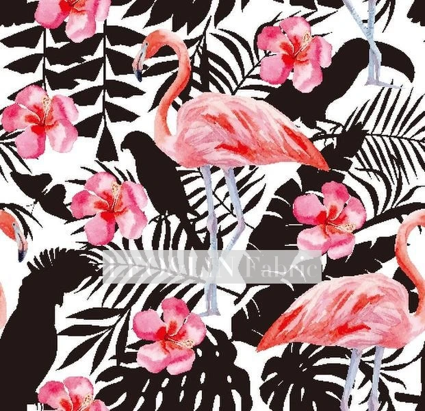 

LEO&LIN Scarlet Flamingo Chiffon European Yarn Black leaf Polyester Fiber Digital Printing Spot Fabrics 50cm