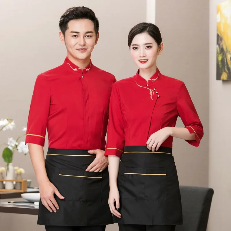 

Hotel Overalls Summer Women Waitress Restaurant Hot Pot Shop Uniform Coat Restaurant Catering Waiter Short Sleeve Workwear H2146