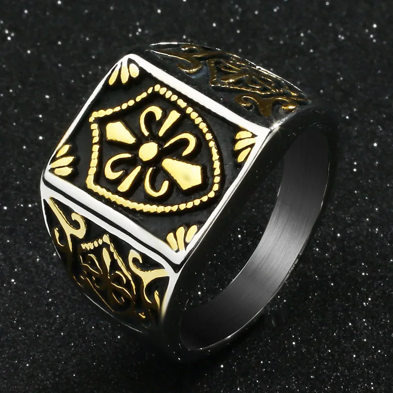 Fashion Gold Color Fleur De Lis  Shield Ring Men\'s  Silver-Color Cross Crest Signet Ring Stainless Steel Biker Jewelry Size 7-14