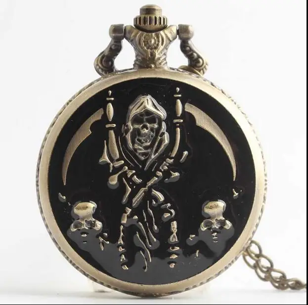 Cool Black & Bronze Pirate Skull Case Design Christmas skul Quartz  Pocket Watches with Necklace Chain for Men Women Best Gift