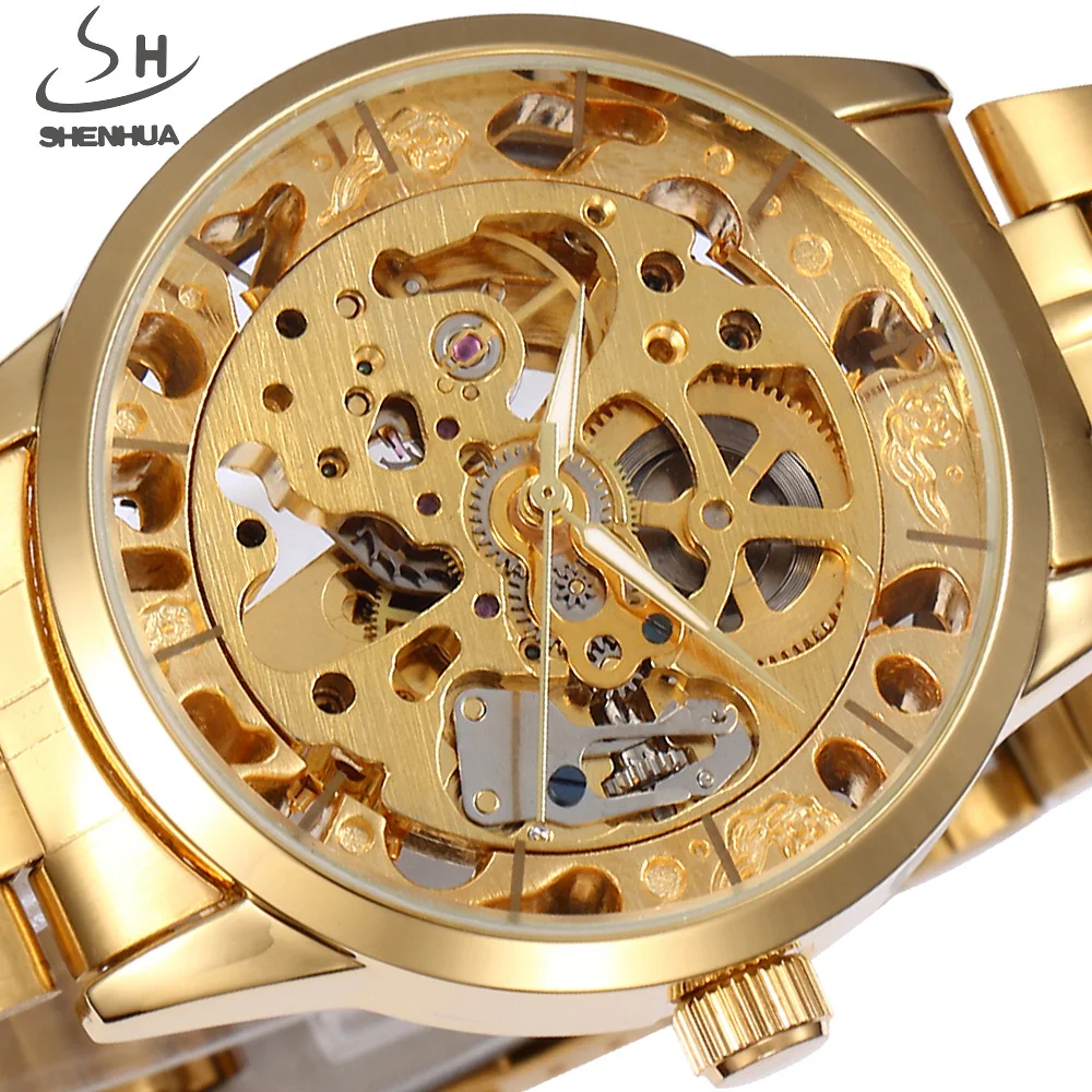 

Automatic Mechanical Watch Men Gold SHENHUA Luxury Brand Clock Stainless Steel Men Skeleton Watches Fashion Relogio Masculino