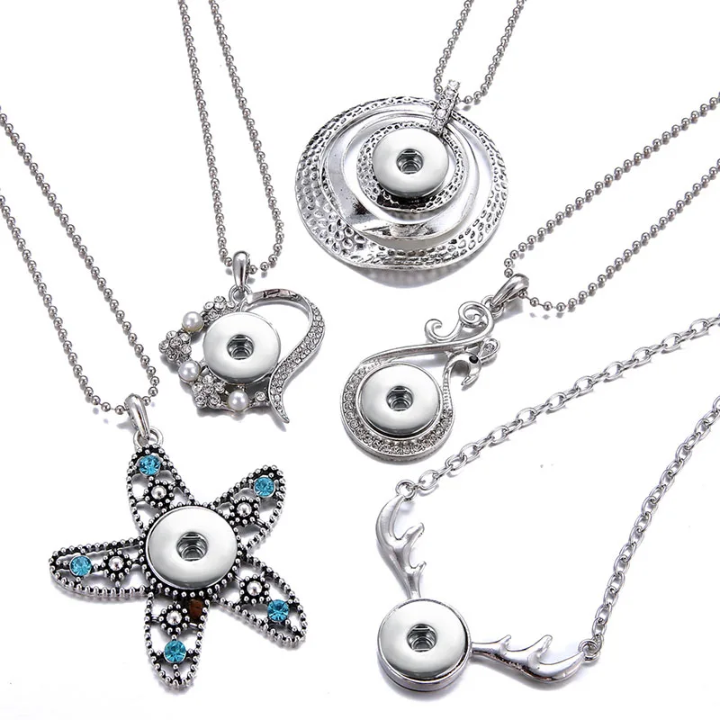 New Circles Starfish Elk Heart Fashion pendant necklace chain 60cm fit 18mm snap buttons Wholesale Gift snap jewelry