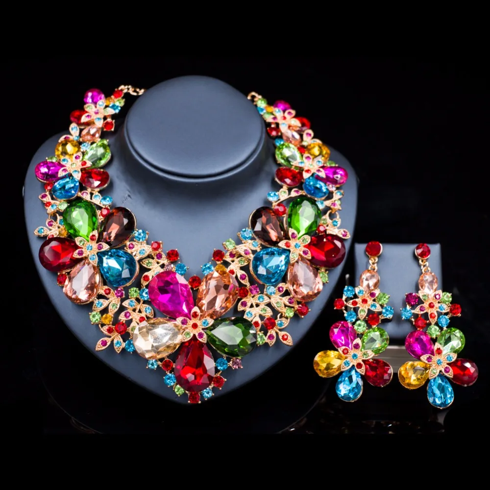 

LAN PALACE luxury flower colorful wedding jewelry set Austrian crystal necklace and earrings free shipping