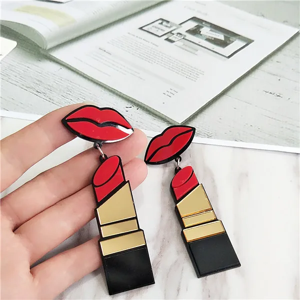 FishSheep New Fashion Acrylic Red Mouth Lips Lipstick Drop Earrings For Women Hip-Hop Geometric Long Earring Nightclub Jewelry