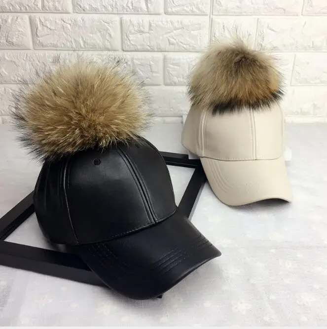 Autumn WInter 15cm Real Fur Pom poms Baseball Caps Artificial Leather Solid Snapbacks Hats Caps Casquette Gorros