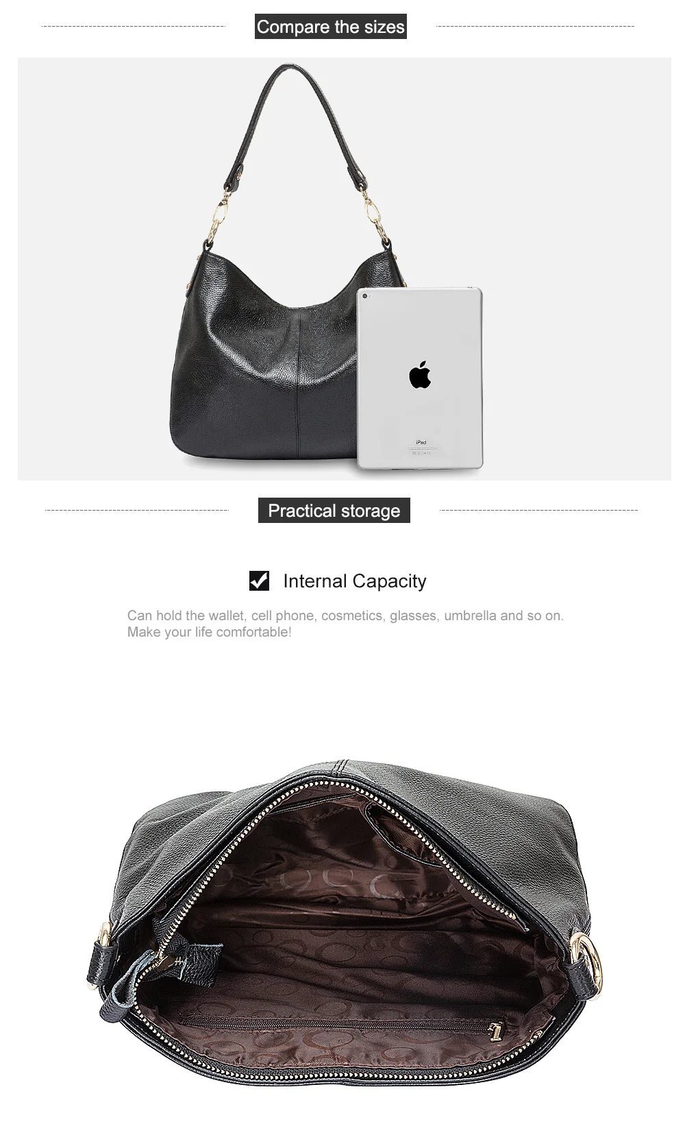 Zency 100 % echtes Leder, Qualität A+, Damen-Umhängetasche, modisch, schwarz, Messenger-Umhängetasche, Damen-Hobos, graue Tragetasche – Detail 7
